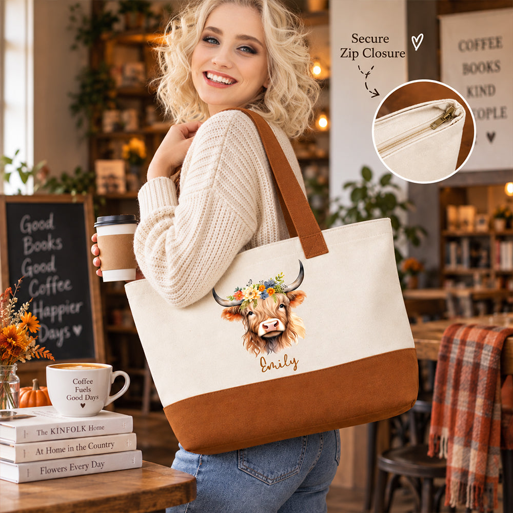 Personalized Floral Cow Canvas Tote Bag with Name Double-Sided Printed Vintage Farm Bag Autumn Gift for Farmers Cowgirls Cow Lovers