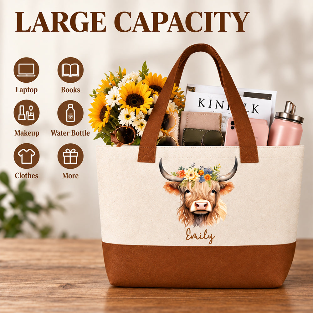 Personalized Floral Cow Canvas Tote Bag with Name Double-Sided Printed Vintage Farm Bag Autumn Gift for Farmers Cowgirls Cow Lovers