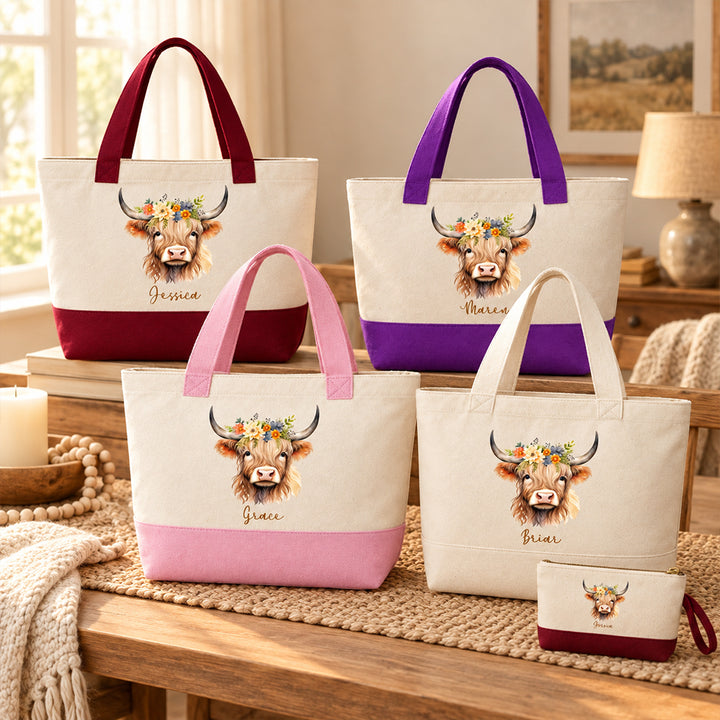 Personalized Floral Cow Canvas Tote Bag with Name Double-Sided Printed Vintage Farm Bag Autumn Gift for Farmers Cowgirls Cow Lovers