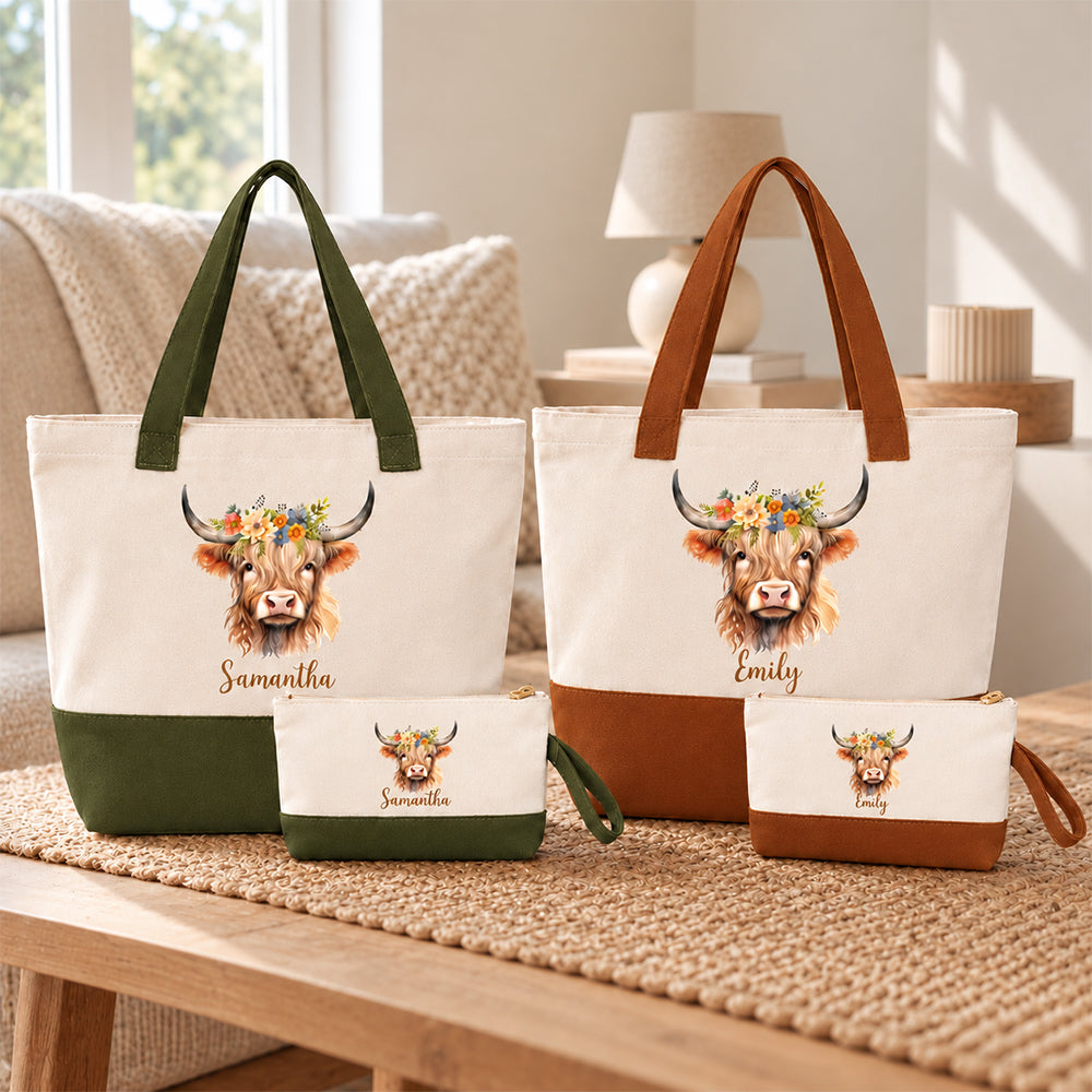 Personalized Floral Cow Canvas Tote Bag with Name Double-Sided Printed Vintage Farm Bag Autumn Gift for Farmers Cowgirls Cow Lovers