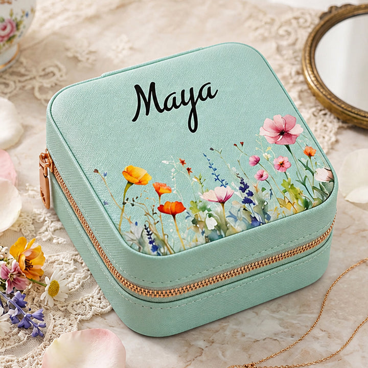 Personalized Floral PU Leather Jewelry Box Portable Travel Case Wedding Bridesmaid Birthday Gift For Women