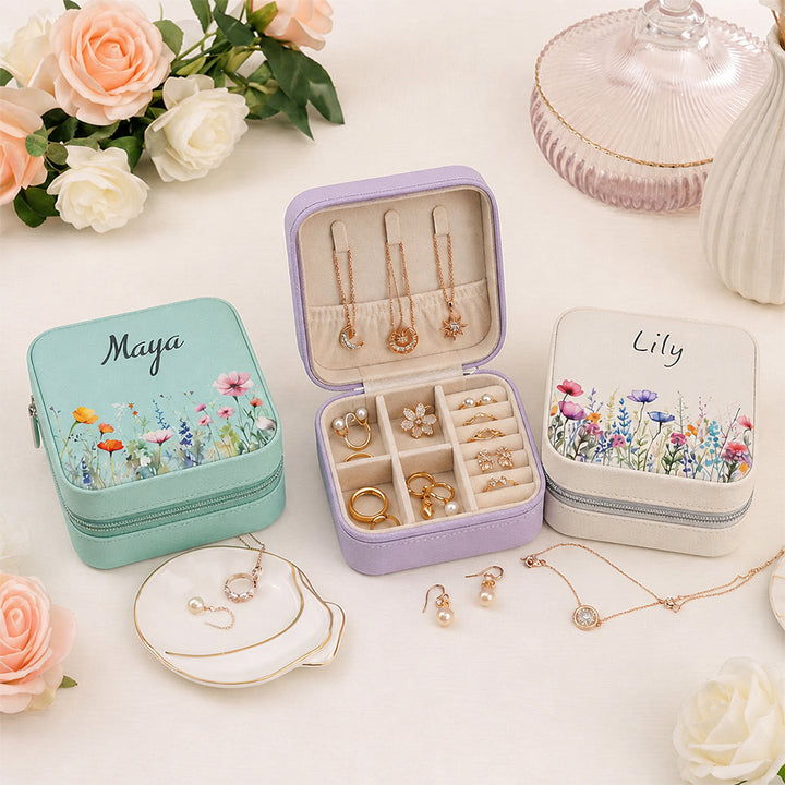 Personalized Floral PU Leather Jewelry Box Portable Travel Case Wedding Bridesmaid Birthday Gift For Women