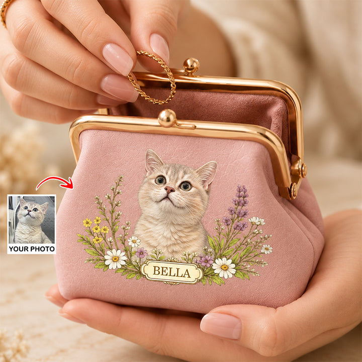 Personalized Floral Pet Photo PU Leather Coin Purse with Name Kiss Lock Portable Wallet Birthday Gift for Dog Cat Owners