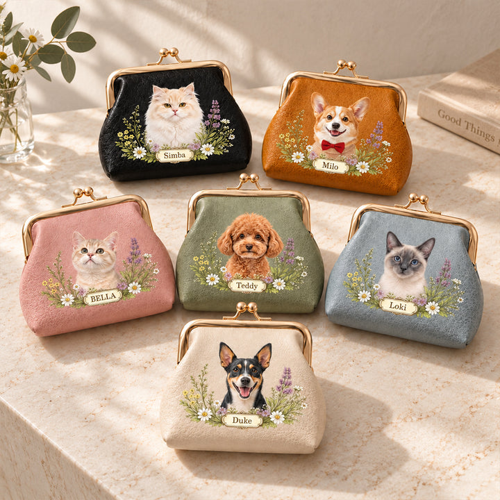 Personalized Floral Pet Photo PU Leather Coin Purse with Name Kiss Lock Portable Wallet Birthday Gift for Dog Cat Owners