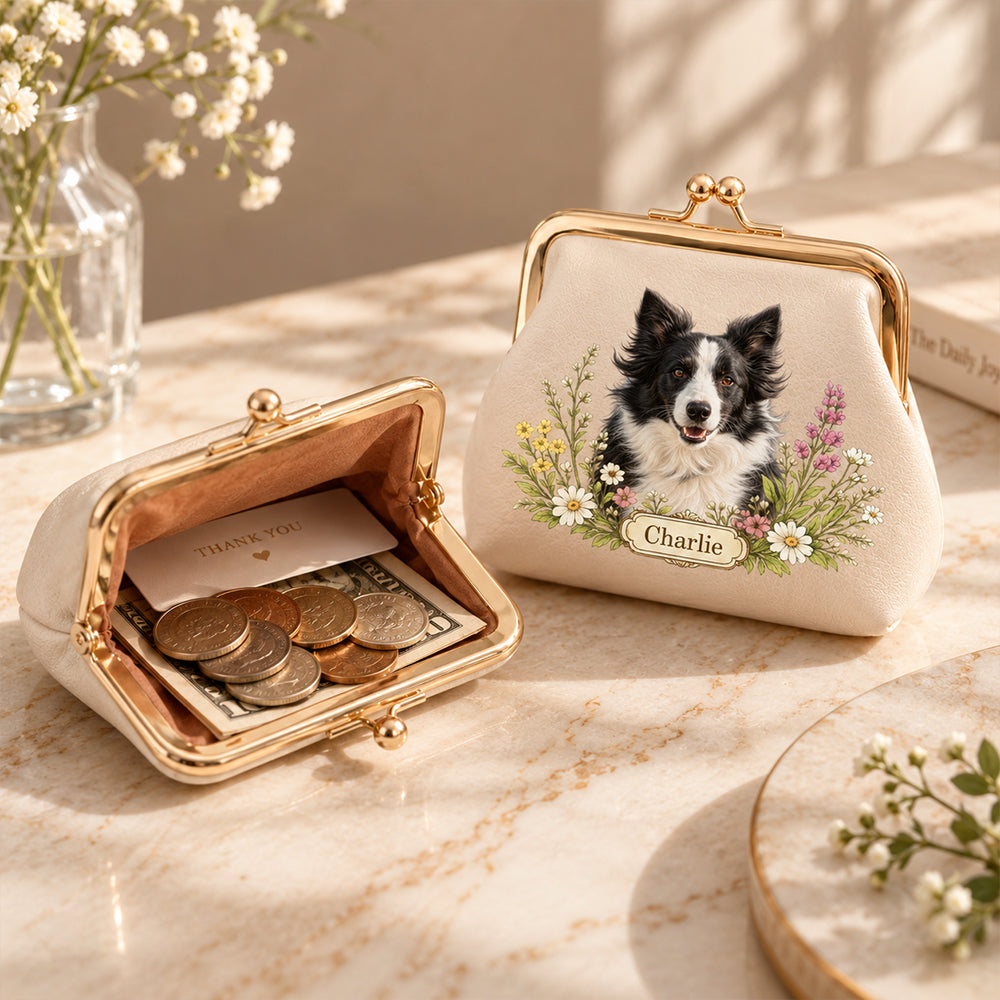 Personalized Floral Pet Photo PU Leather Coin Purse with Name Kiss Lock Portable Wallet Birthday Gift for Dog Cat Owners
