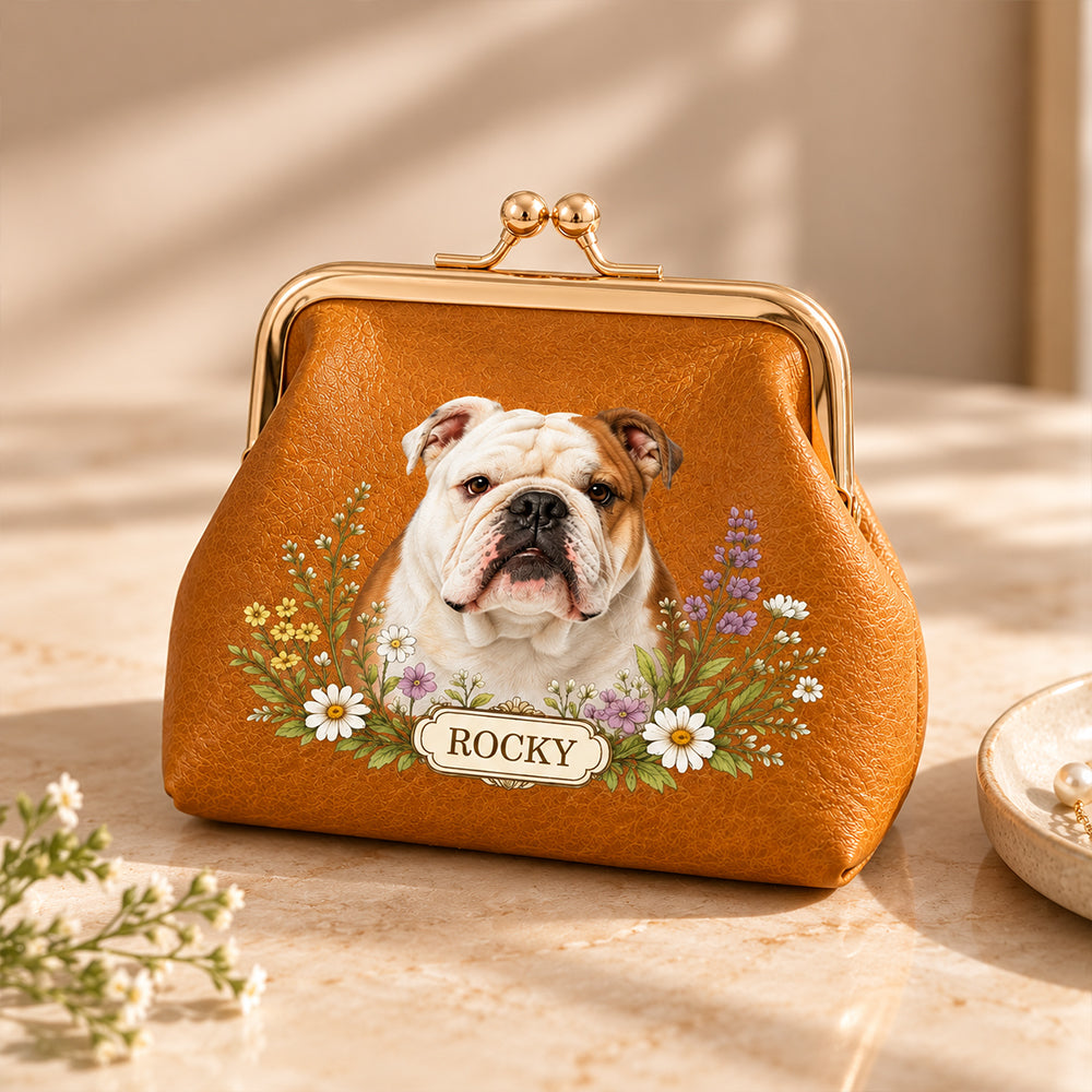 Personalized Floral Pet Photo PU Leather Coin Purse with Name Kiss Lock Portable Wallet Birthday Gift for Dog Cat Owners
