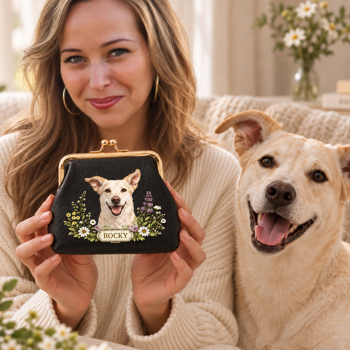 Personalized Floral Pet Photo PU Leather Coin Purse with Name Kiss Lock Portable Wallet Birthday Gift for Dog Cat Owners