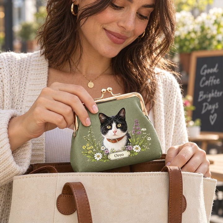 Personalized Floral Pet Photo PU Leather Coin Purse with Name Kiss Lock Portable Wallet Birthday Gift for Dog Cat Owners