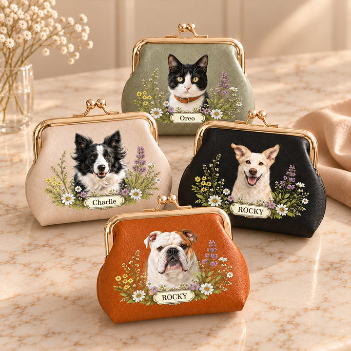 Personalized Floral Pet Photo PU Leather Coin Purse with Name Kiss Lock Portable Wallet Birthday Gift for Dog Cat Owners