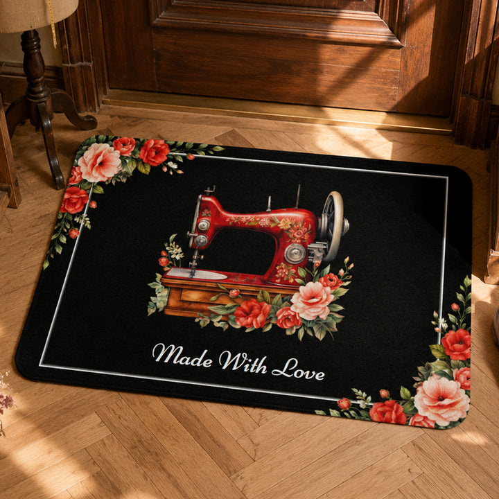 Personalized Floral Sewing Machine Doormat Custom Text Non Slip Floor Mat Tailor Shop Entrance Rug Birthday Housewarming Gift for Sewing Lover