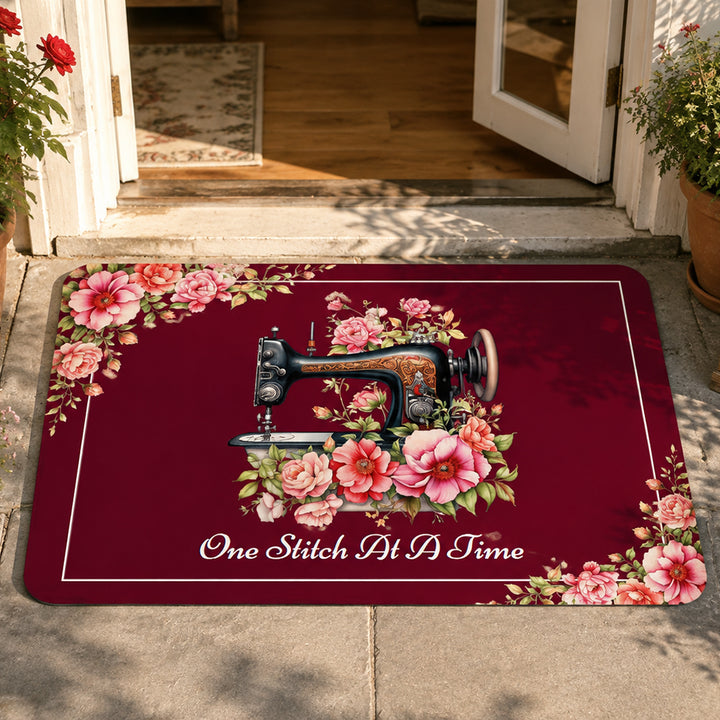 Personalized Floral Sewing Machine Doormat Custom Text Non Slip Floor Mat Tailor Shop Entrance Rug Birthday Housewarming Gift for Sewing Lover