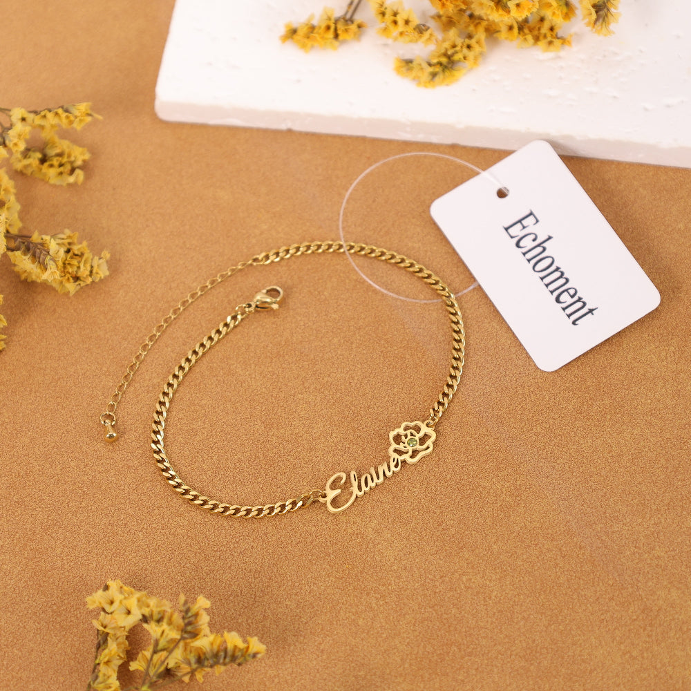 Echoment - Personalized Flower Name Bracelet with Birthstone Birthday Mother&