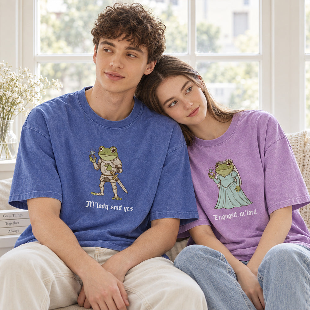 Personalized Funny Frog Engagement Vintage Washed T-Shirt with Names Matching Couples Tee Relationship Humor Gift