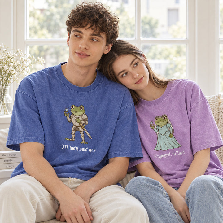 Personalized Funny Frog Engagement Vintage Washed T-Shirt with Names Matching Couples Tee Relationship Humor Gift