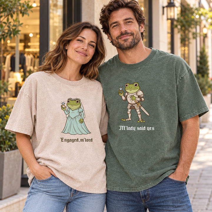 Personalized Funny Frog Engagement Vintage Washed T-Shirt with Names Matching Couples Tee Relationship Humor Gift