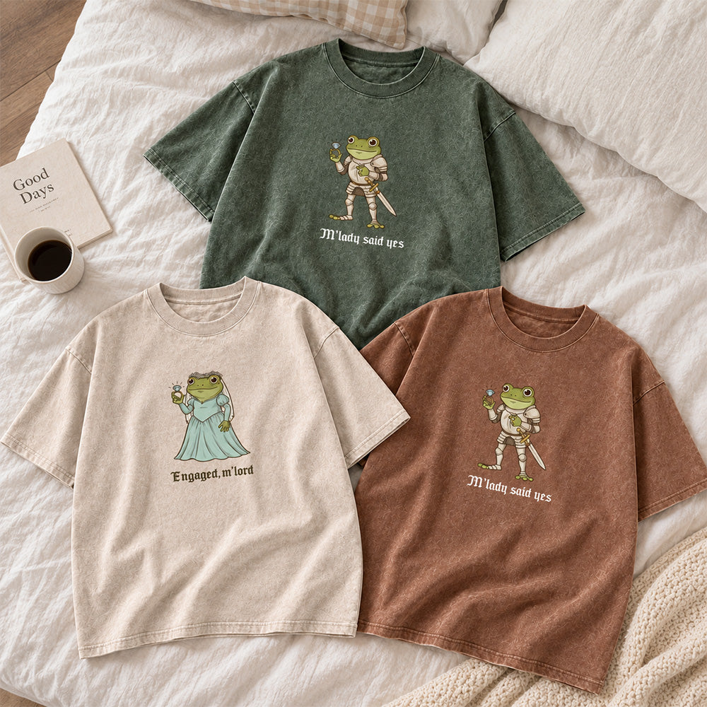 Personalized Funny Frog Engagement Vintage Washed T-Shirt with Names Matching Couples Tee Relationship Humor Gift