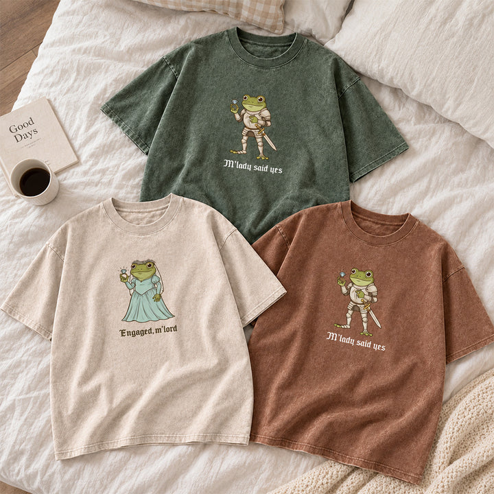 Personalized Funny Frog Engagement Vintage Washed T-Shirt with Names Matching Couples Tee Relationship Humor Gift
