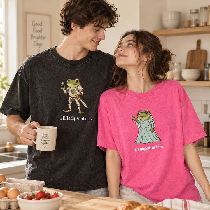 Personalized Funny Frog Engagement Vintage Washed T-Shirt with Names Matching Couples Tee Relationship Humor Gift