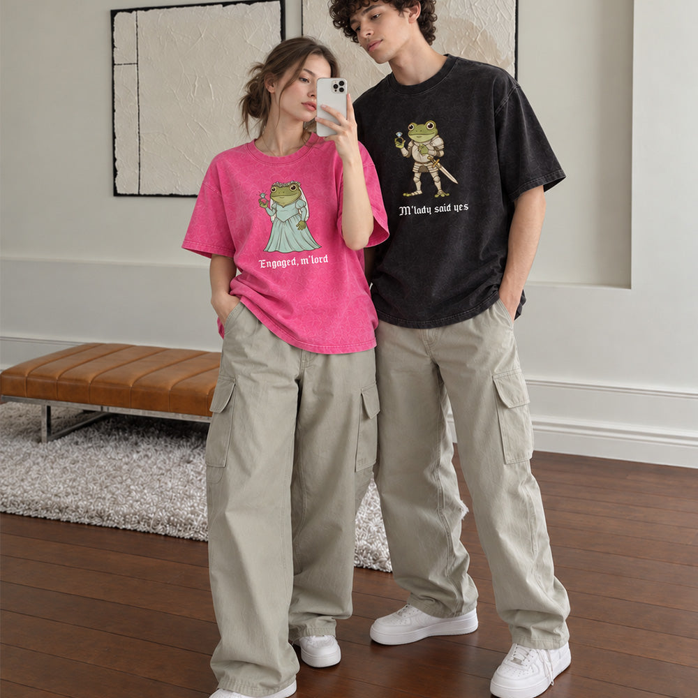 Personalized Funny Frog Engagement Vintage Washed T-Shirt with Names Matching Couples Tee Relationship Humor Gift