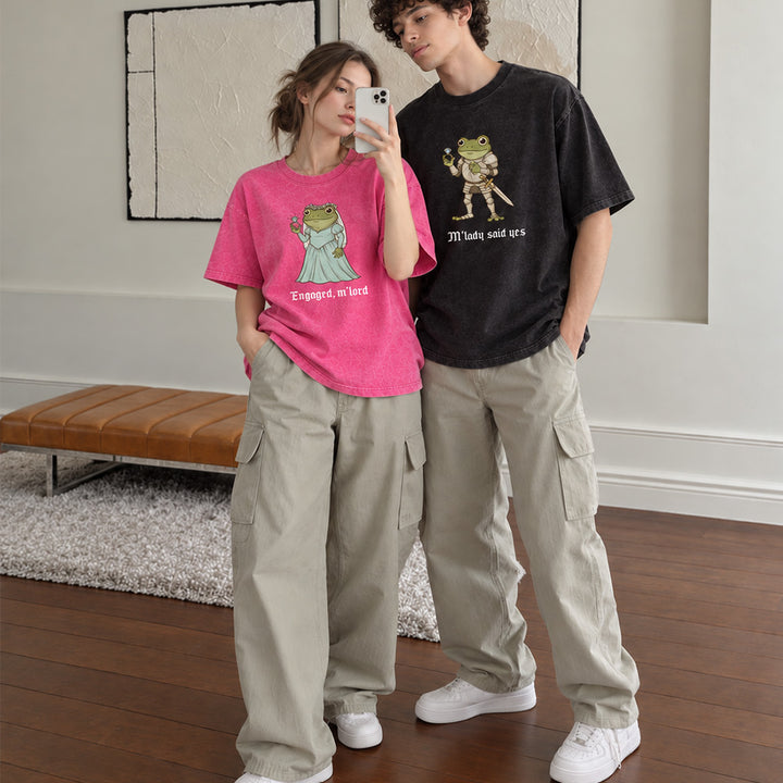 Personalized Funny Frog Engagement Vintage Washed T-Shirt with Names Matching Couples Tee Relationship Humor Gift