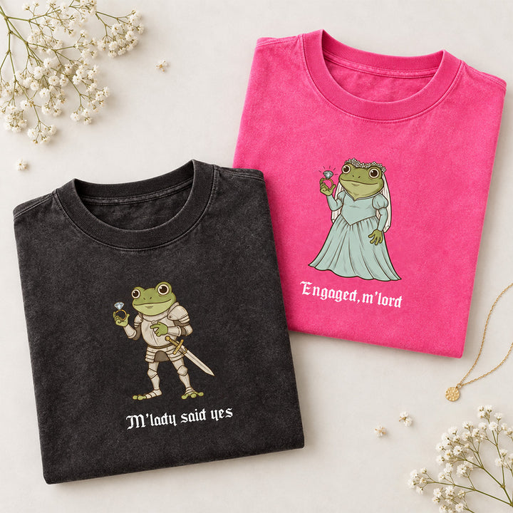 Personalized Funny Frog Engagement Vintage Washed T-Shirt with Names Matching Couples Tee Relationship Humor Gift