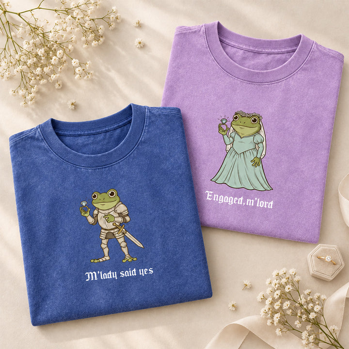 Personalized Funny Frog Engagement Vintage Washed T-Shirt with Names Matching Couples Tee Relationship Humor Gift
