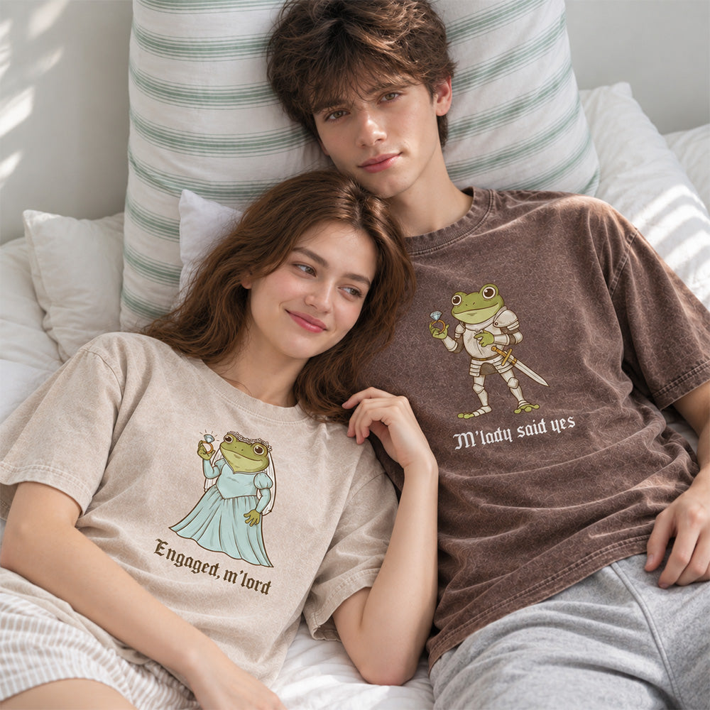 Personalized Funny Frog Engagement Vintage Washed T-Shirt with Names Matching Couples Tee Relationship Humor Gift