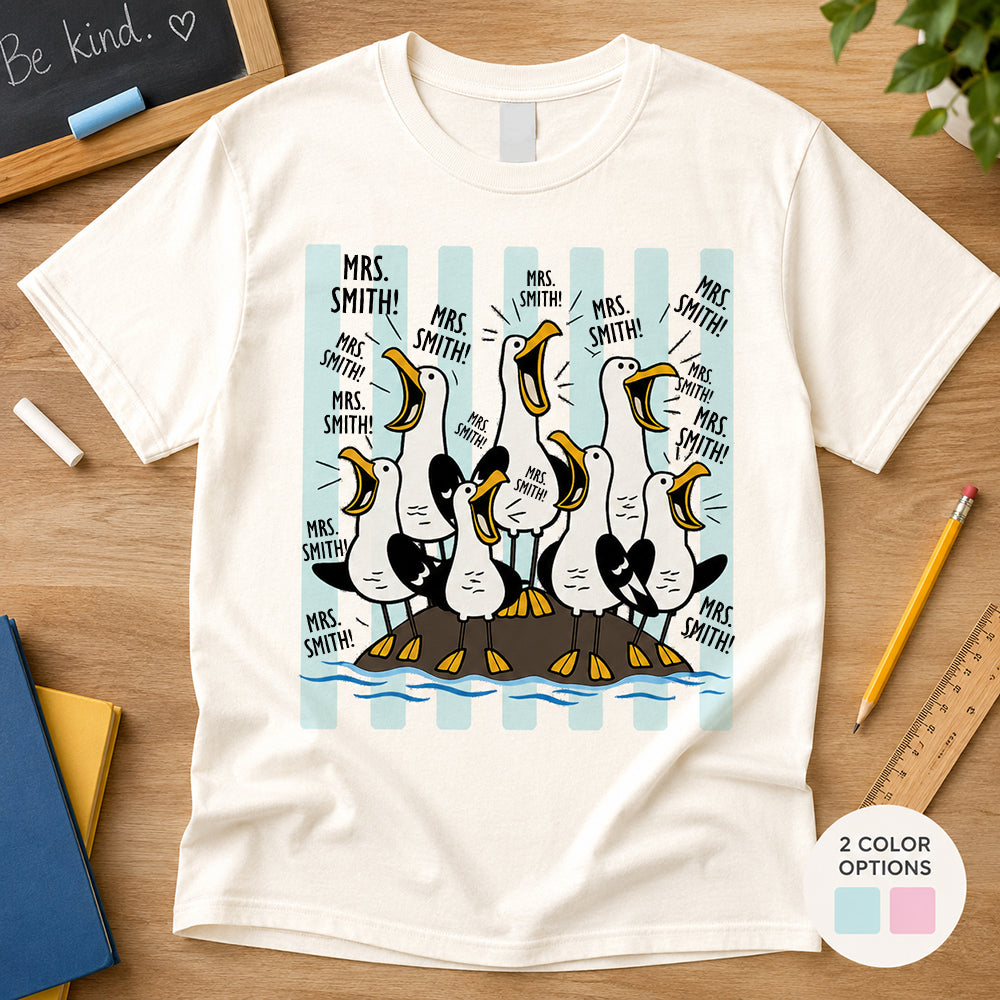 Personalized Funny Seagull Teacher Crew T-Shirt with Name Gift for Back to School Custom Teacher Crew Gift