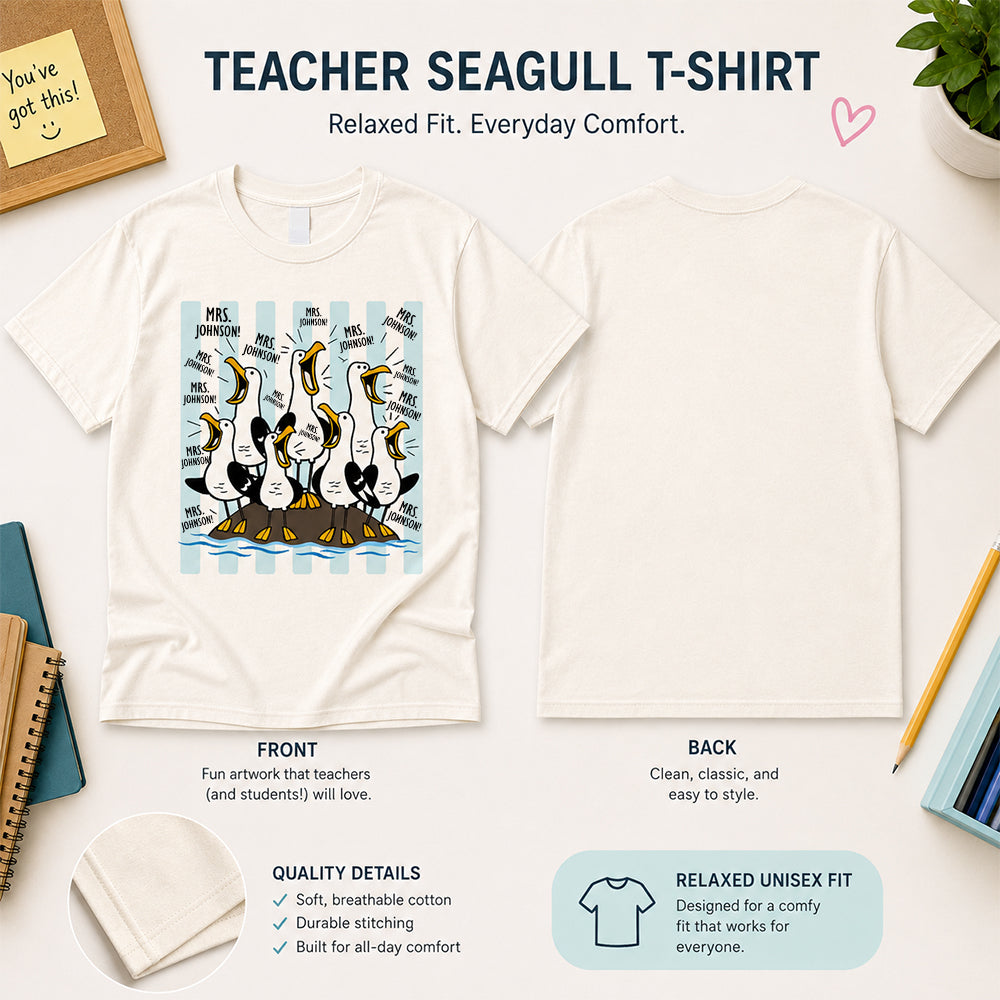 Personalized Funny Seagull Teacher Crew T-Shirt with Name Gift for Back to School Custom Teacher Crew Gift