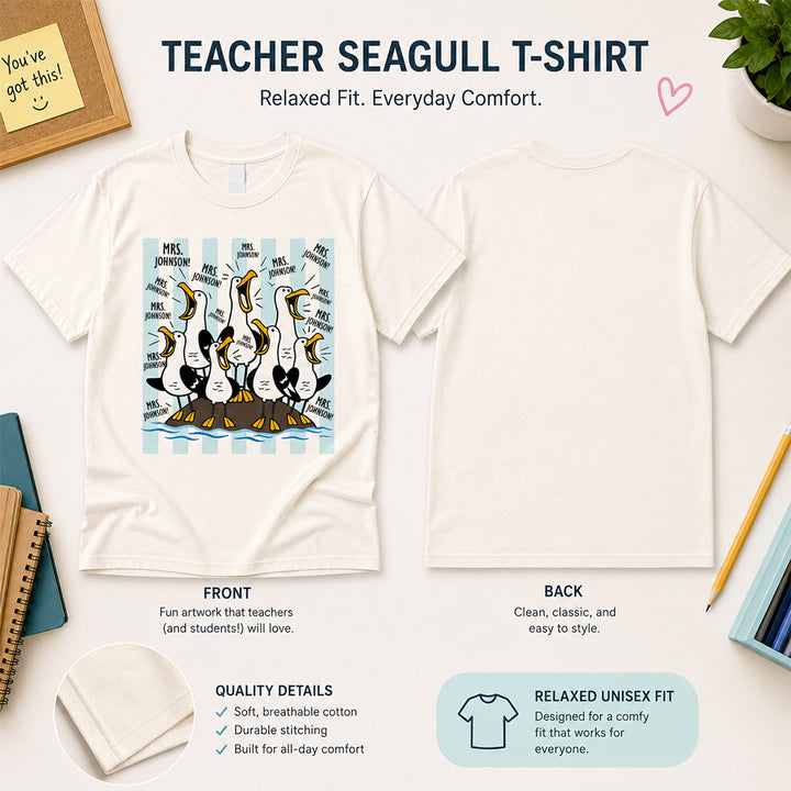 Personalized Funny Seagull Teacher Crew T-Shirt with Name Gift for Back to School Custom Teacher Crew Gift