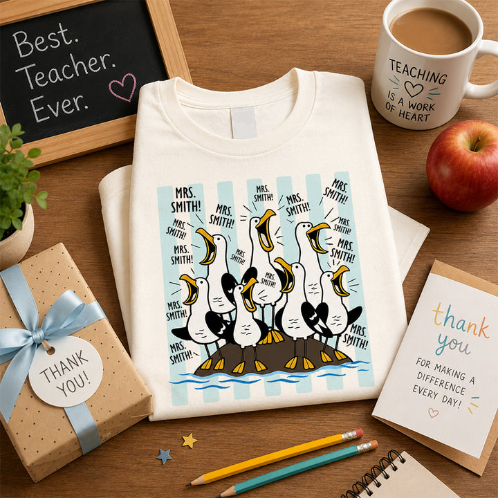 Personalized Funny Seagull Teacher Crew T-Shirt with Name Gift for Back to School Custom Teacher Crew Gift