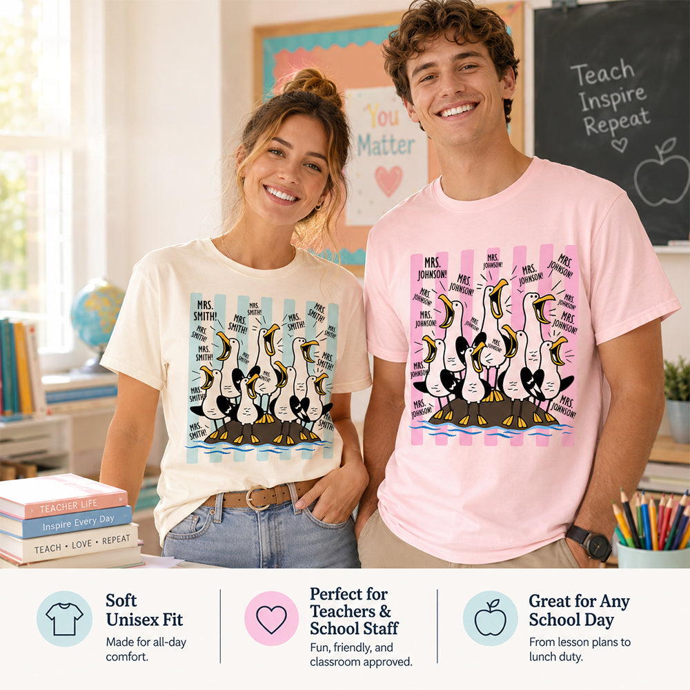 Personalized Funny Seagull Teacher Crew T-Shirt with Name Gift for Back to School Custom Teacher Crew Gift
