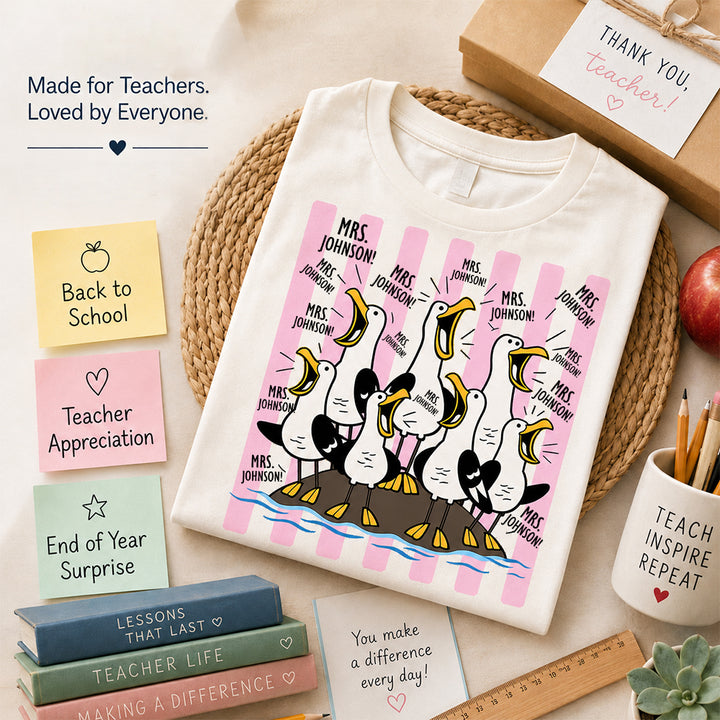 Personalized Funny Seagull Teacher Crew T-Shirt with Name Gift for Back to School Custom Teacher Crew Gift