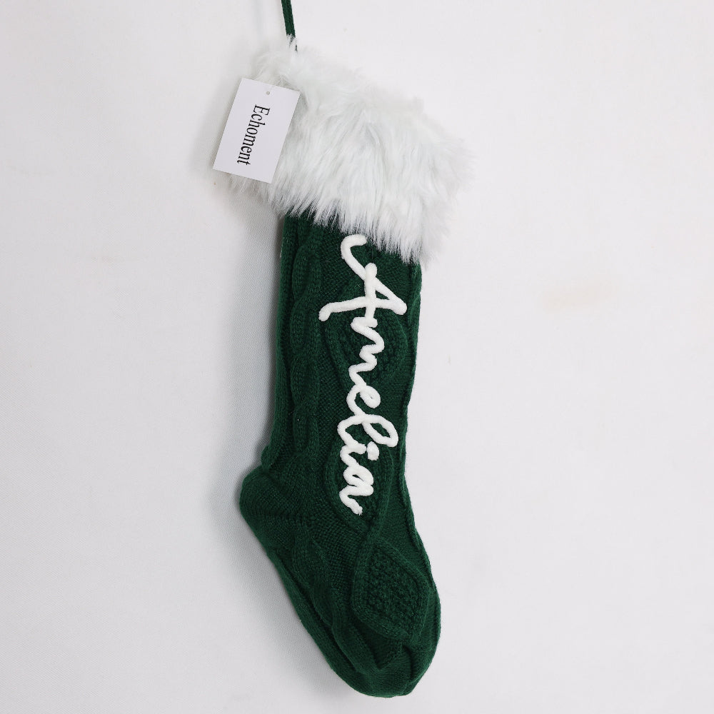 Echoment - Personalized Fur Cuff Christmas Stocking Knitted Stocking with Chain Stitch Embroidered Name