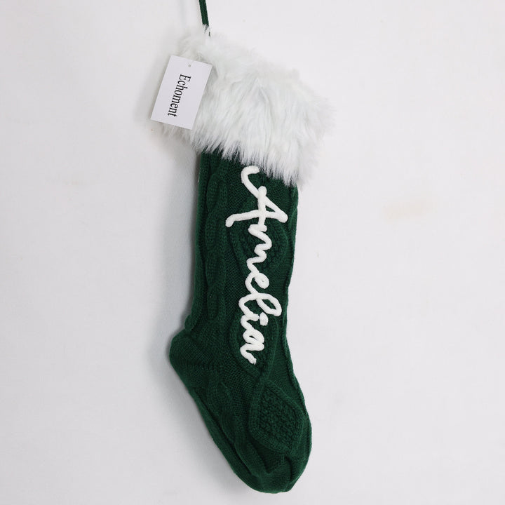 Echoment - Personalized Fur Cuff Christmas Stocking Knitted Stocking with Chain Stitch Embroidered Name
