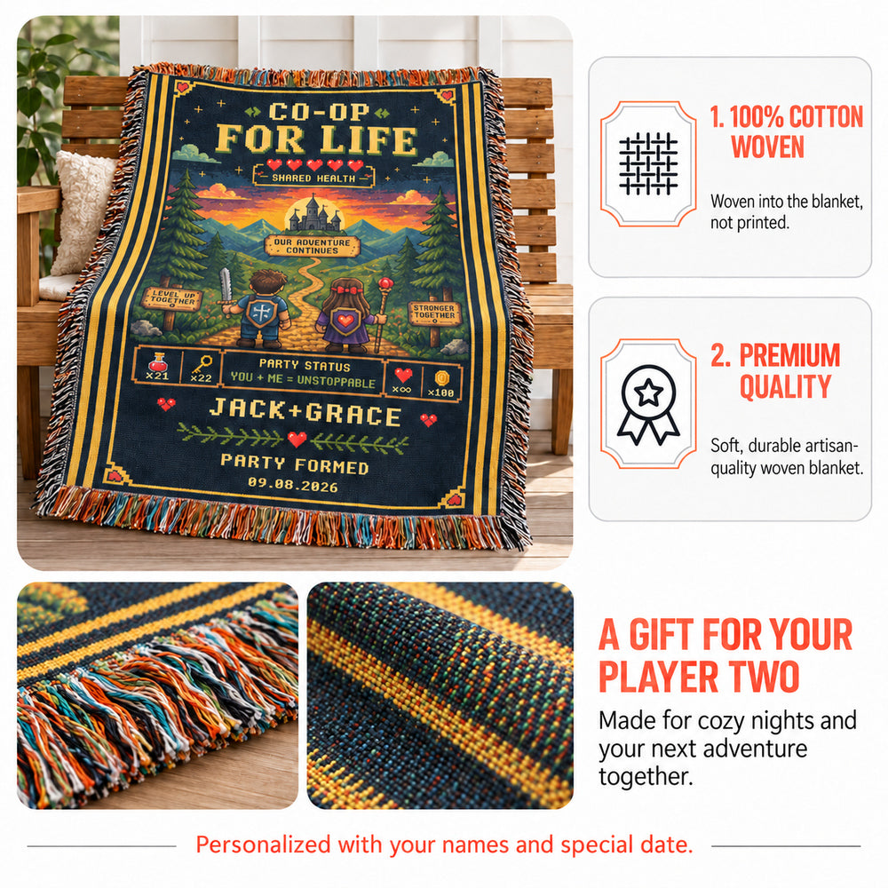 Personalized Gamer Couple Woven Blanket Custom Gaming Throw with Names and Party Formed Date Cozy Anniversary Gift for Video Game Lovers