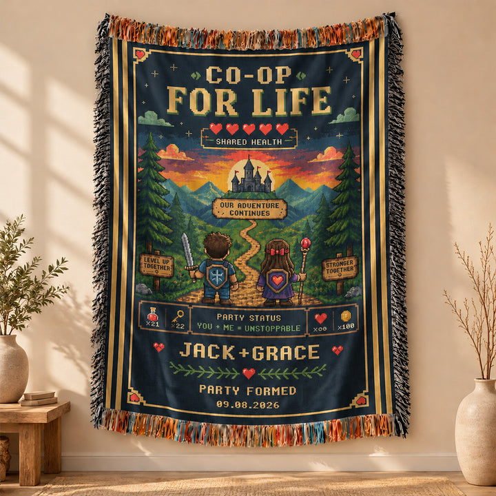 Personalized Gamer Couple Woven Blanket Custom Gaming Throw with Names and Party Formed Date Cozy Anniversary Gift for Video Game Lovers