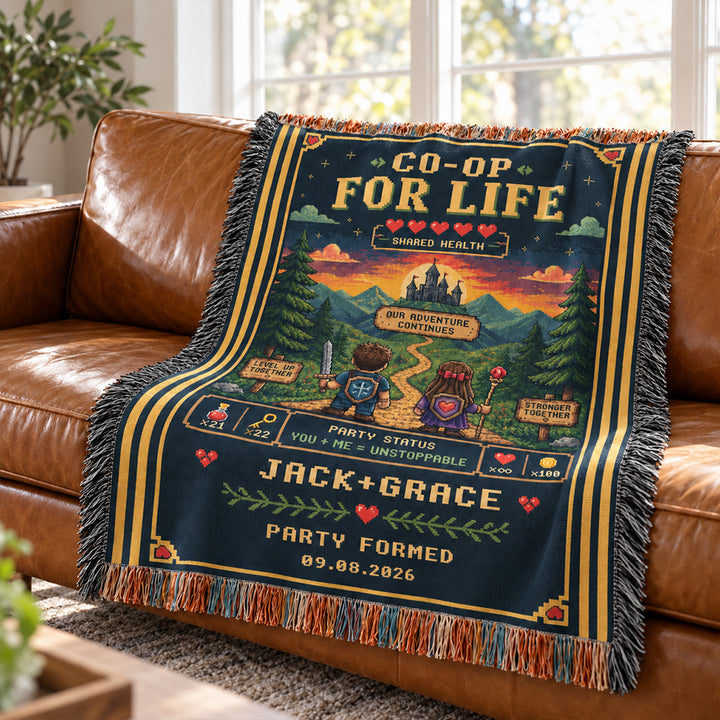 Personalized Gamer Couple Woven Blanket Custom Gaming Throw with Names and Party Formed Date Cozy Anniversary Gift for Video Game Lovers