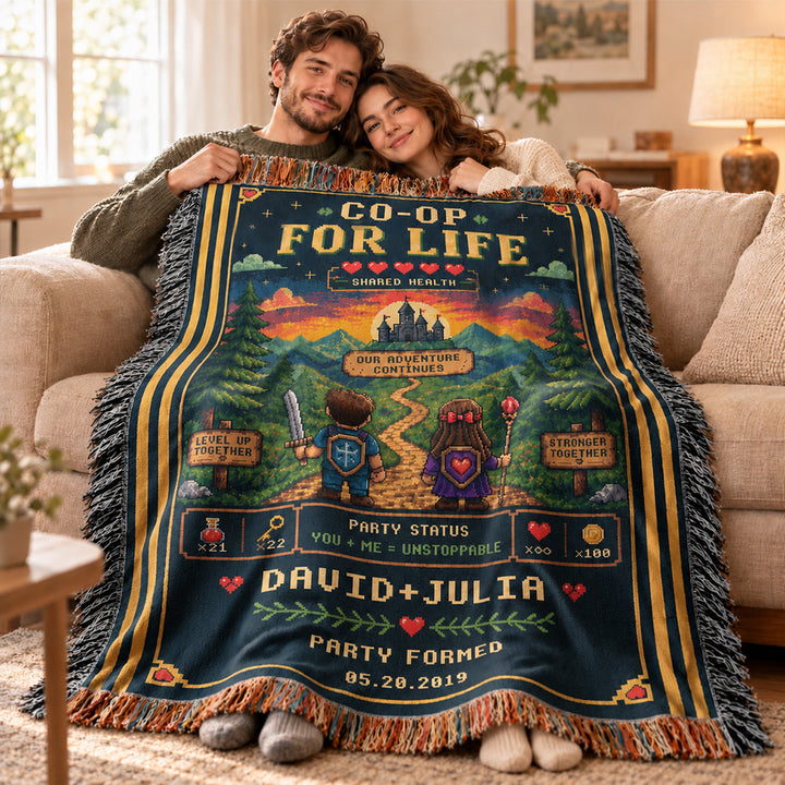 Personalized Gamer Couple Woven Blanket Custom Gaming Throw with Names and Party Formed Date Cozy Anniversary Gift for Video Game Lovers