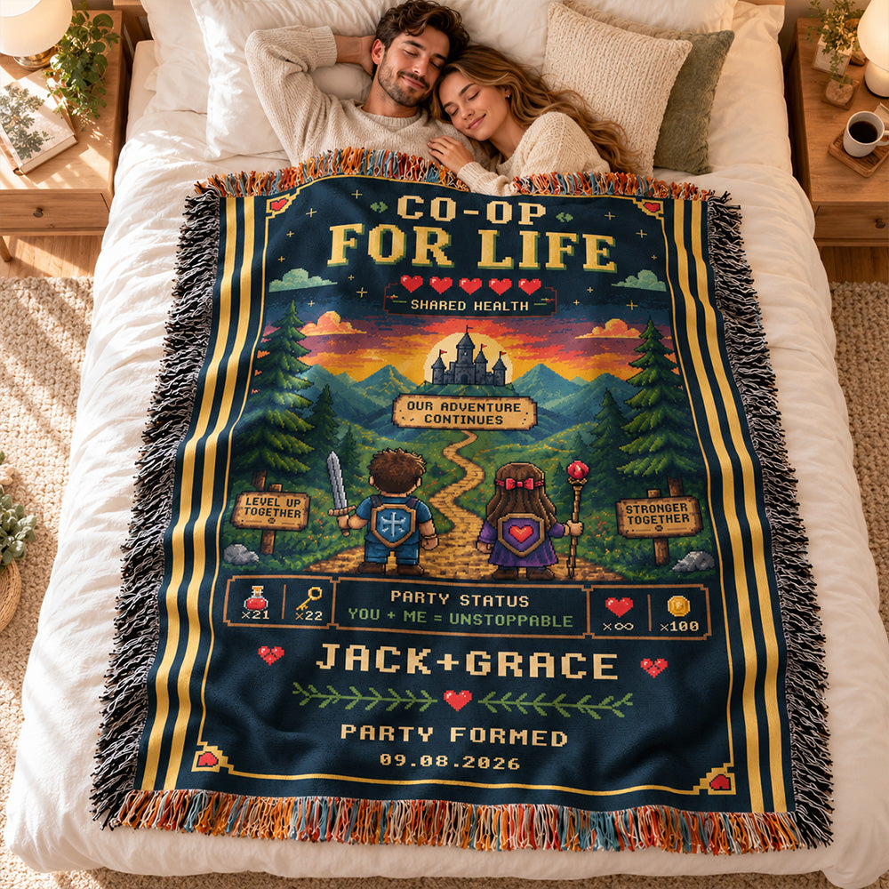 Personalized Gamer Couple Woven Blanket Custom Gaming Throw with Names and Party Formed Date Cozy Anniversary Gift for Video Game Lovers