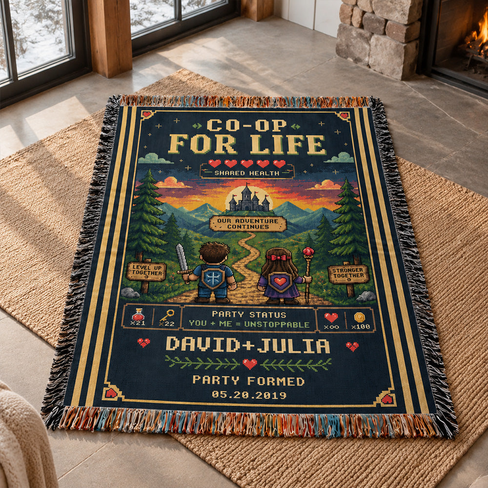Personalized Gamer Couple Woven Blanket Custom Gaming Throw with Names and Party Formed Date Cozy Anniversary Gift for Video Game Lovers