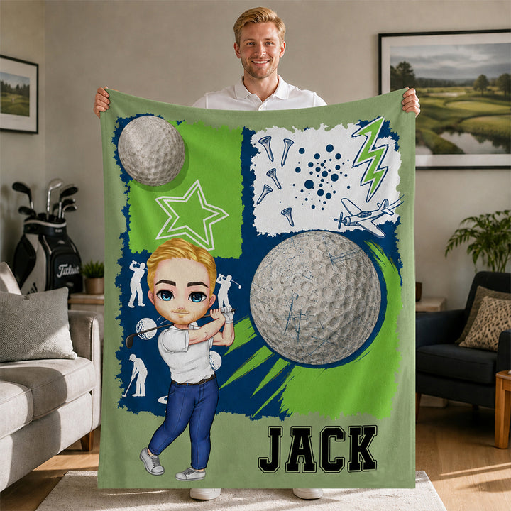 Personalized Golf Cartoon Character Soft Flannel Blanket with Name Birthday Gift for Golf Lovers