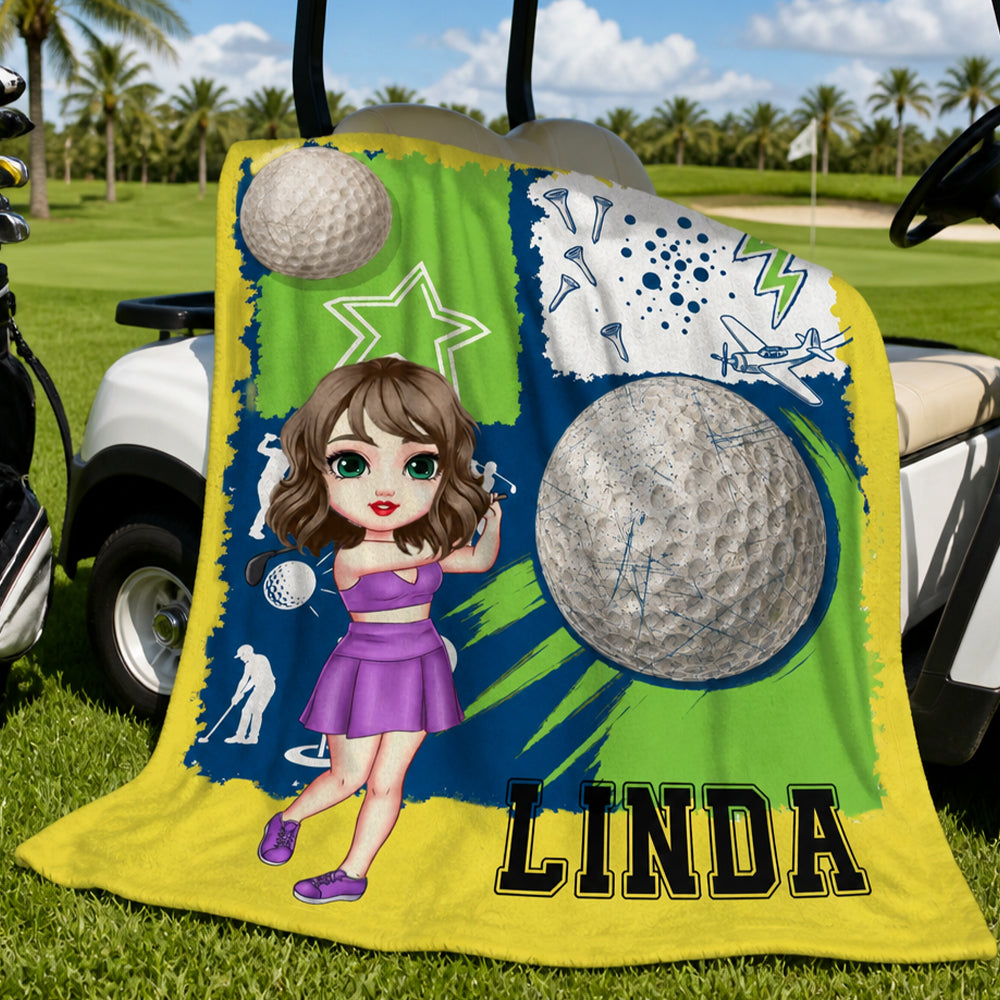 Personalized Golf Cartoon Character Soft Flannel Blanket with Name Birthday Gift for Golf Lovers