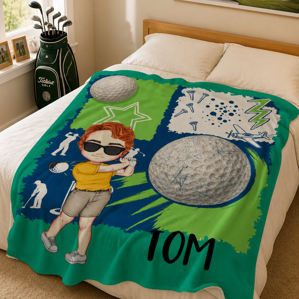 Personalized Golf Cartoon Character Soft Flannel Blanket with Name Birthday Gift for Golf Lovers