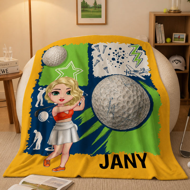 Personalized Golf Cartoon Character Soft Flannel Blanket with Name Birthday Gift for Golf Lovers