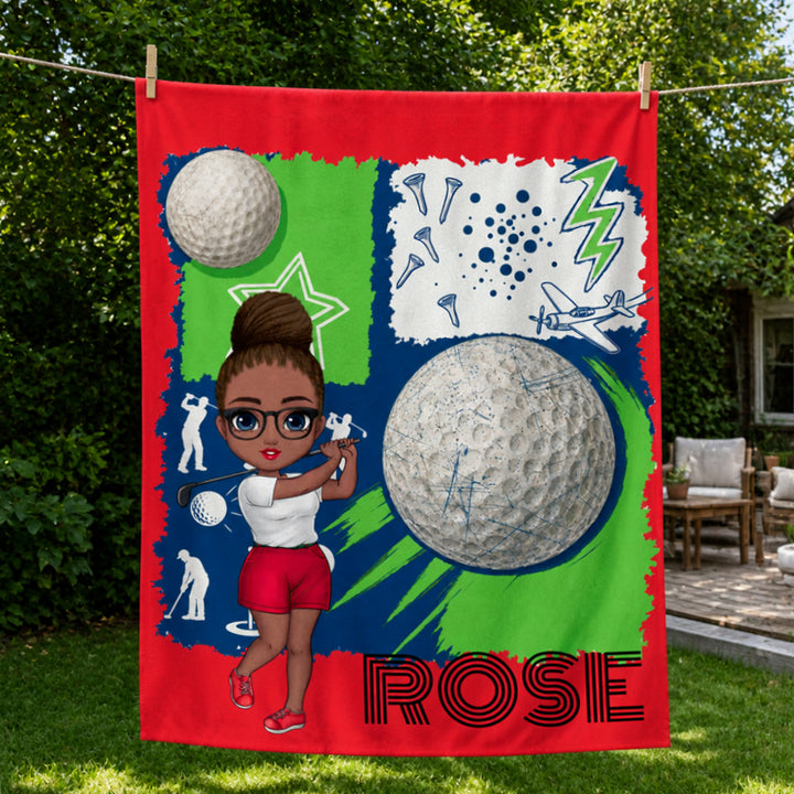 Personalized Golf Cartoon Character Soft Flannel Blanket with Name Birthday Gift for Golf Lovers