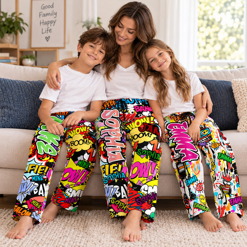 Personalized Graffiti Art Family Pajama Pants Custom Name Colorful Sleepwear with Drawstring Fun Daily Loungewear Birthday Gift
