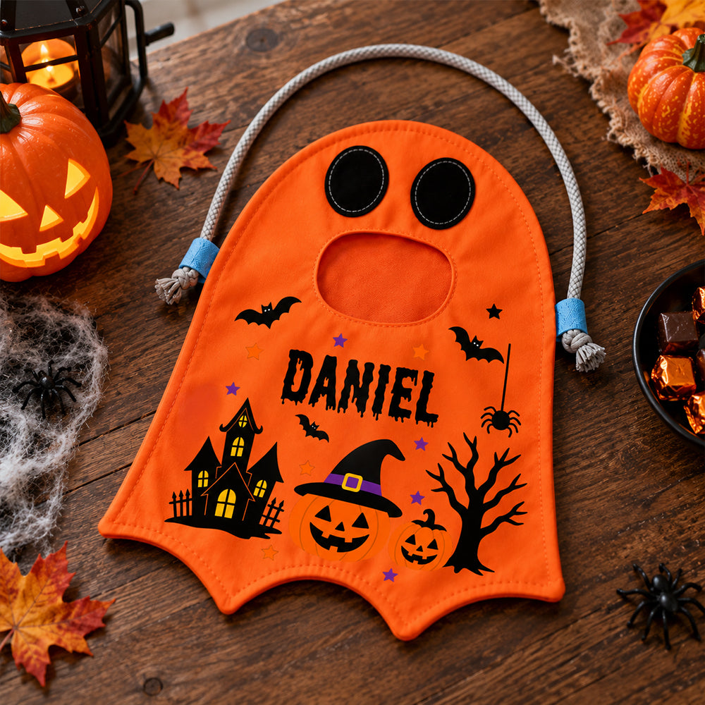 Personalized Halloween Ghost Candy Bag with Name Trick or Treat Drawstring Tote Bag Halloween Gift for Kids