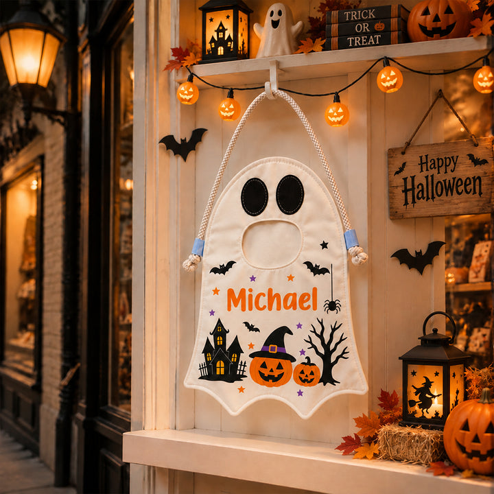 Personalized Halloween Ghost Candy Bag with Name Trick or Treat Drawstring Tote Bag Halloween Gift for Kids