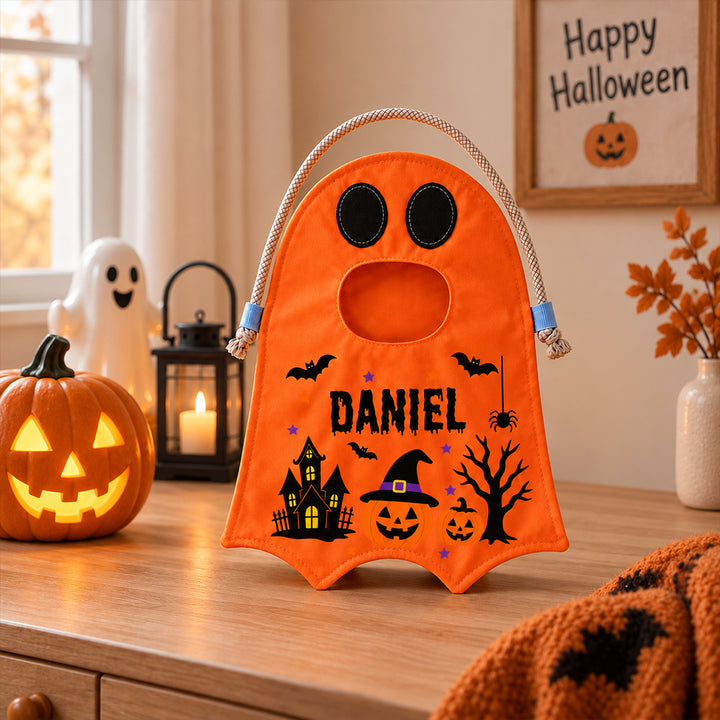 Personalized Halloween Ghost Candy Bag with Name Trick or Treat Drawstring Tote Bag Halloween Gift for Kids